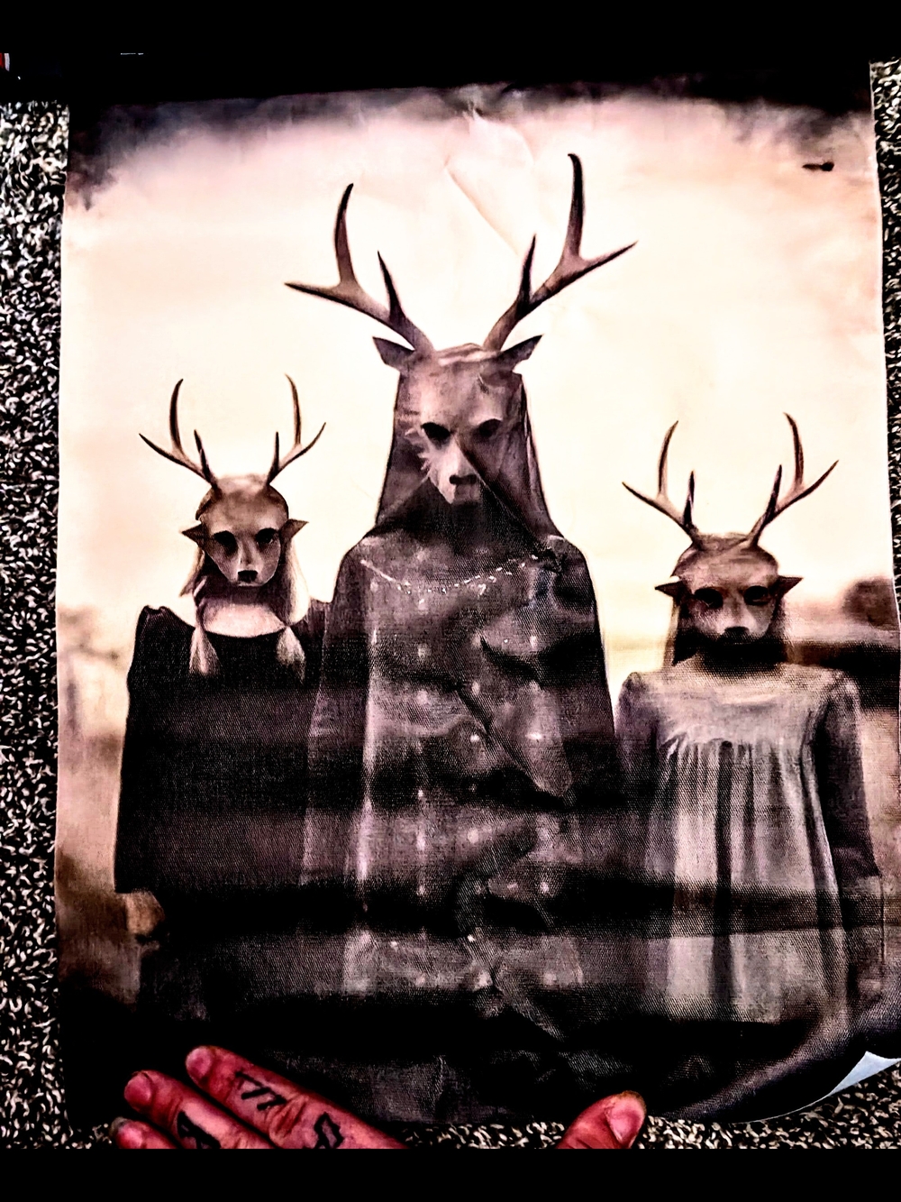 Vintage Style Folk Horror Canvas Print - Three Antlered Cult Figures Wall Art